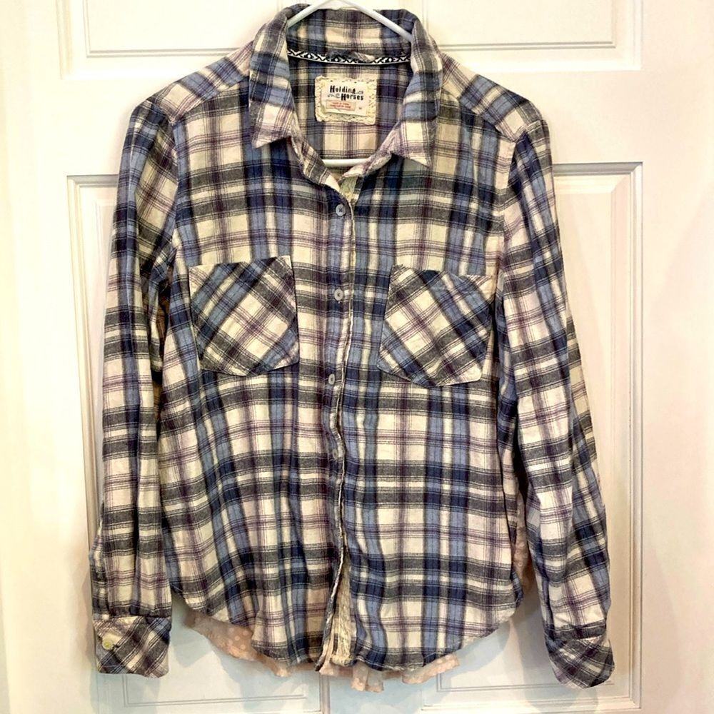 Anthropologie holding horses, flannel plaid shirt with lace, back size medium